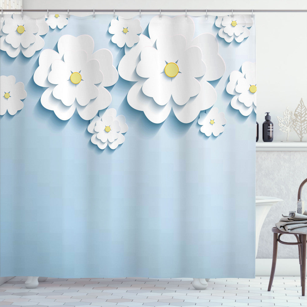 Cherry Blossom Abstract: Floral Shower Curtain in Pale Blue and White