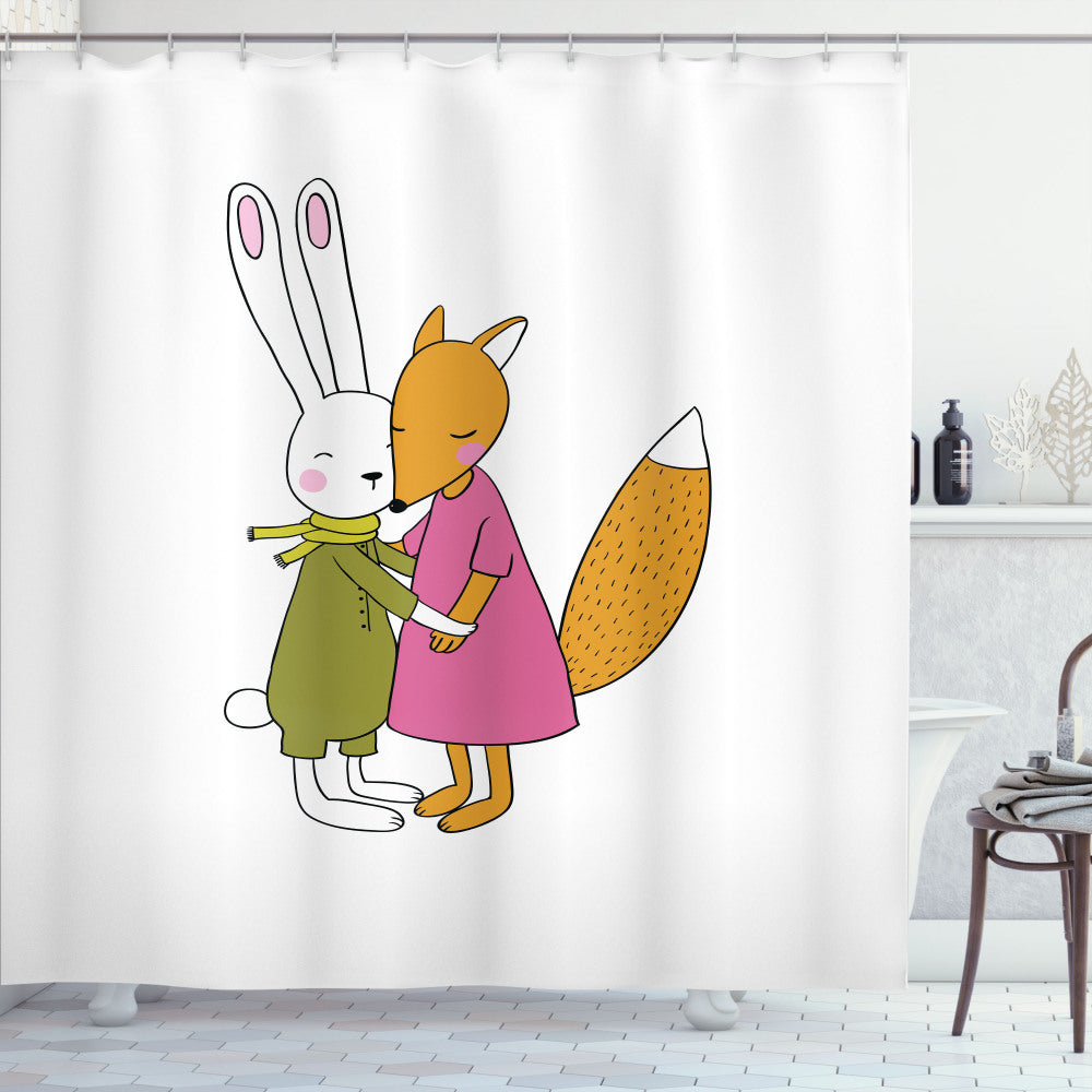 Animal-Inspired Fox and Hare Hugging Shower Curtain in Olive Green, Amber, and Pink