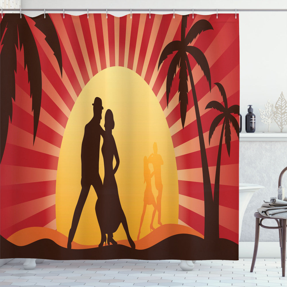 Tango Couple Dance on the Island: Dark Coral, Chocolate, and Mustard Bath Curtain