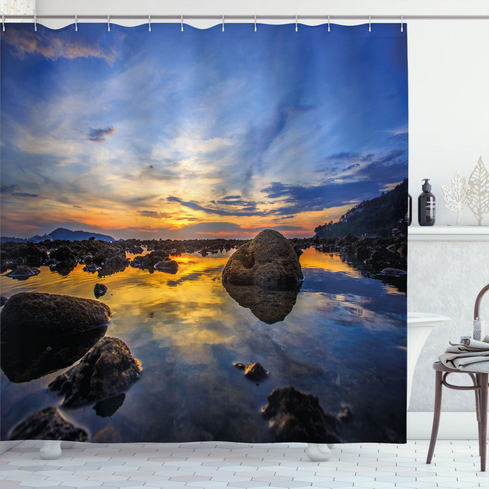 Tropical Twilight: Apricot and Blue Rocky Shore Bath Curtain