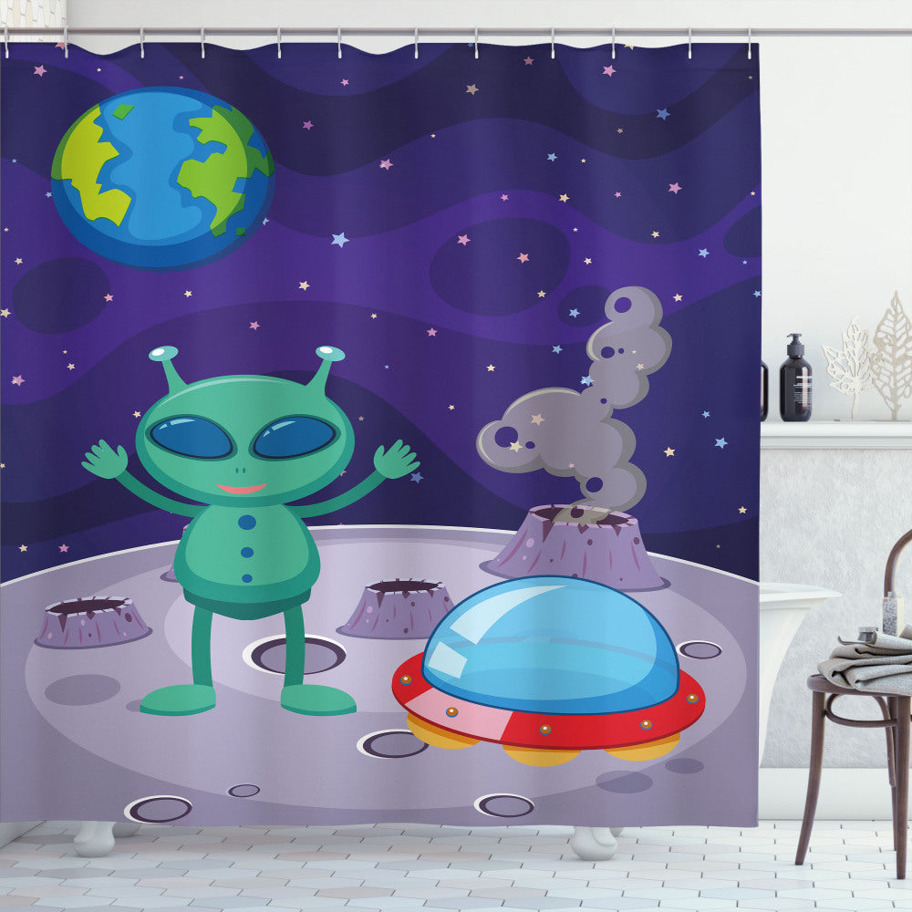 Alien-Inspired Multicolor Vertical Shot Space Bath Curtain Setting