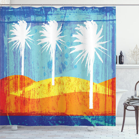 Tropic Beach Palms Burnt Orange, Orange, White, and Blue Bath Curtain