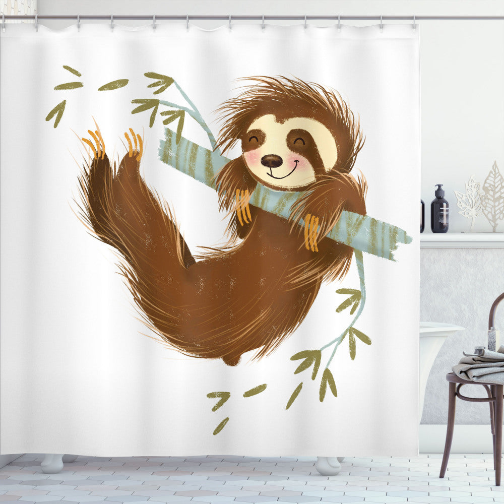 Cheerful Sloth Hanging on Tree Shower Curtain in Brown, Khaki, and Grey