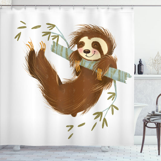 Cheerful Sloth Hanging on Tree Shower Curtain in Brown, Khaki, and Grey