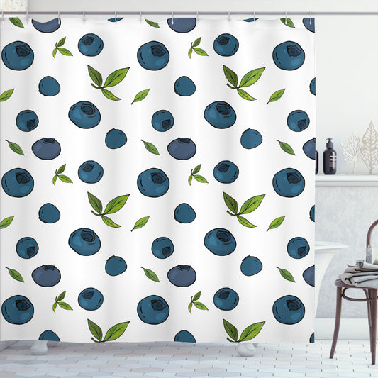 Blueberry Leaves Art - Fruit Inspired Design in Dark Sky Blue, Fern Green, Olive Green, and Dark Violet Blue - Shower Curtain