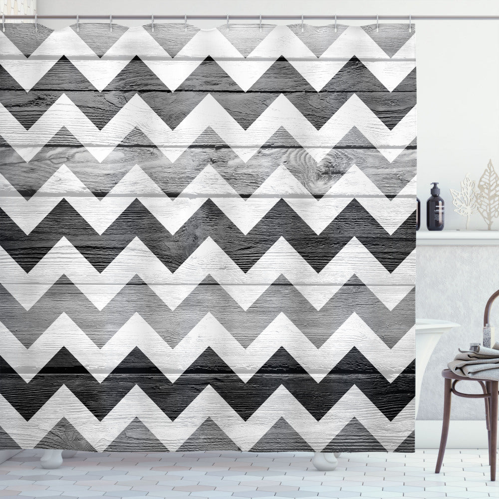 Chevron Wood Texture Pattern Shower Curtain in Pale Grey, White, and Grey