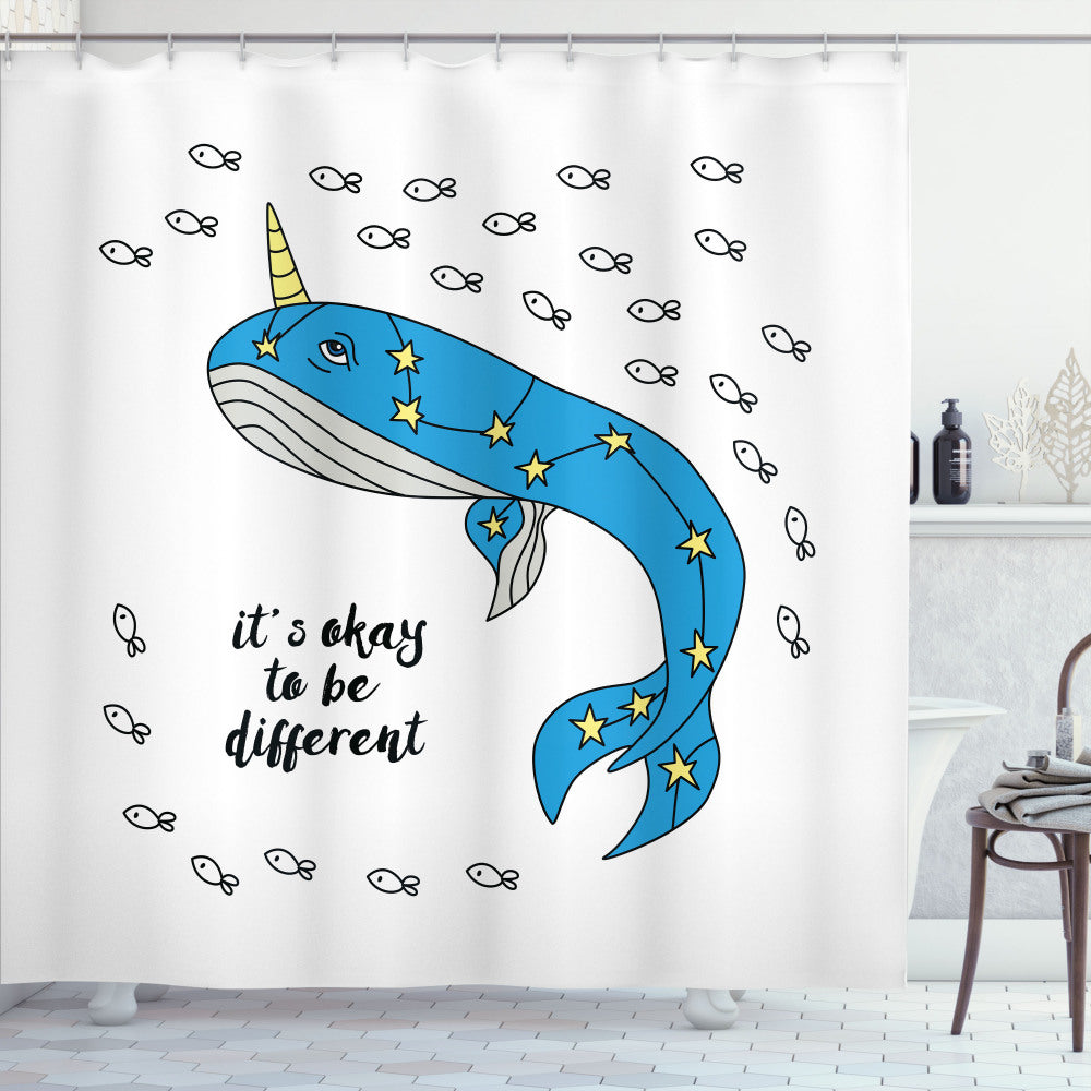 Blue Cartoon Whale Narwhal Design Shower Curtain with Azure Blue, Yellow, and Grey Accents