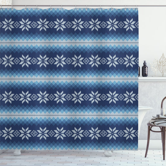 Traditional Jacquard Winter White and Blue Shower Curtain