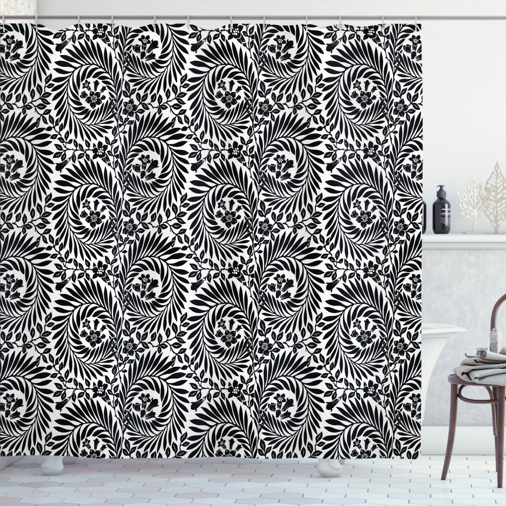 Victorian Foliage-inspired Black and White Shower Curtain