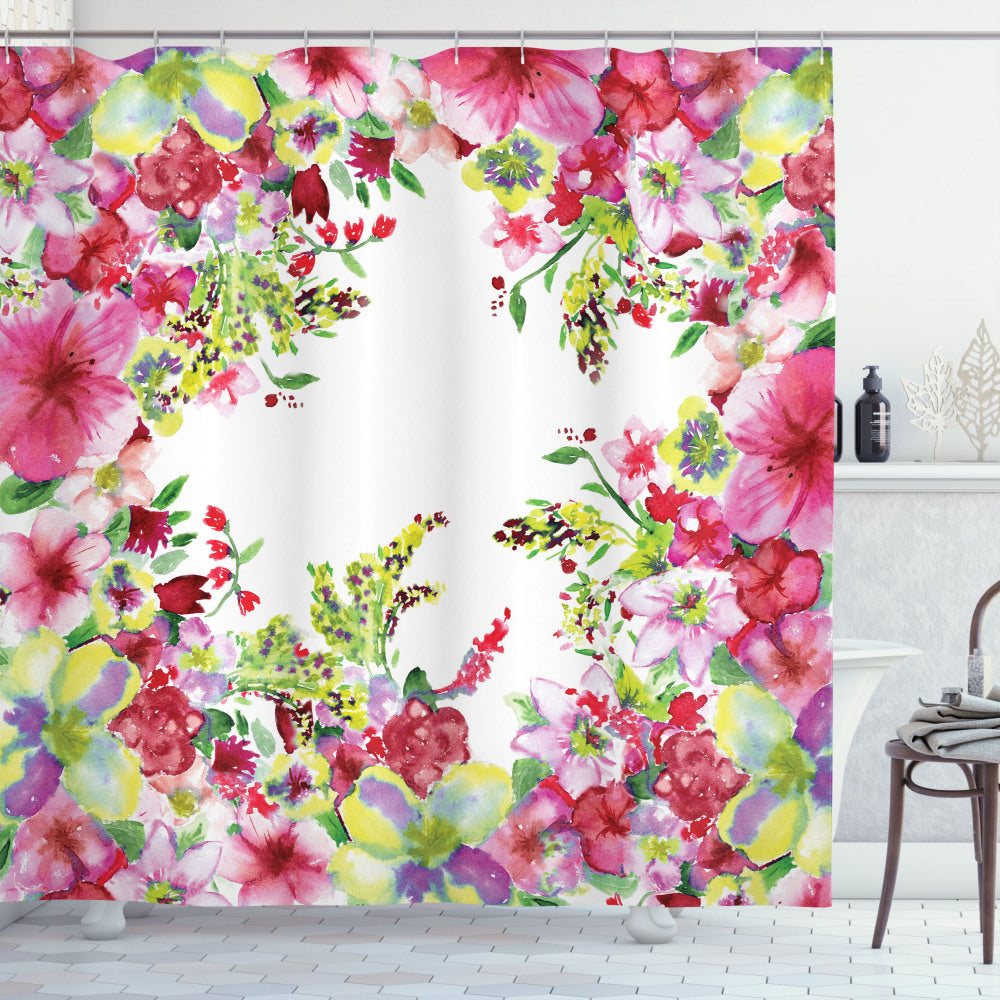 Watercolor Floral Fusion: Summer Bud and Spring Blossom Shower Curtain in Green and Pink