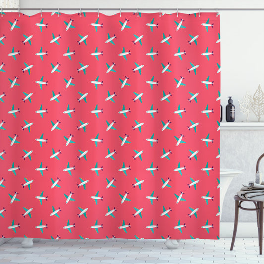 Airport-themed Nursery Cartoon Airplanes Shower Curtain in Dark Coral, Dark Seafoam, and White