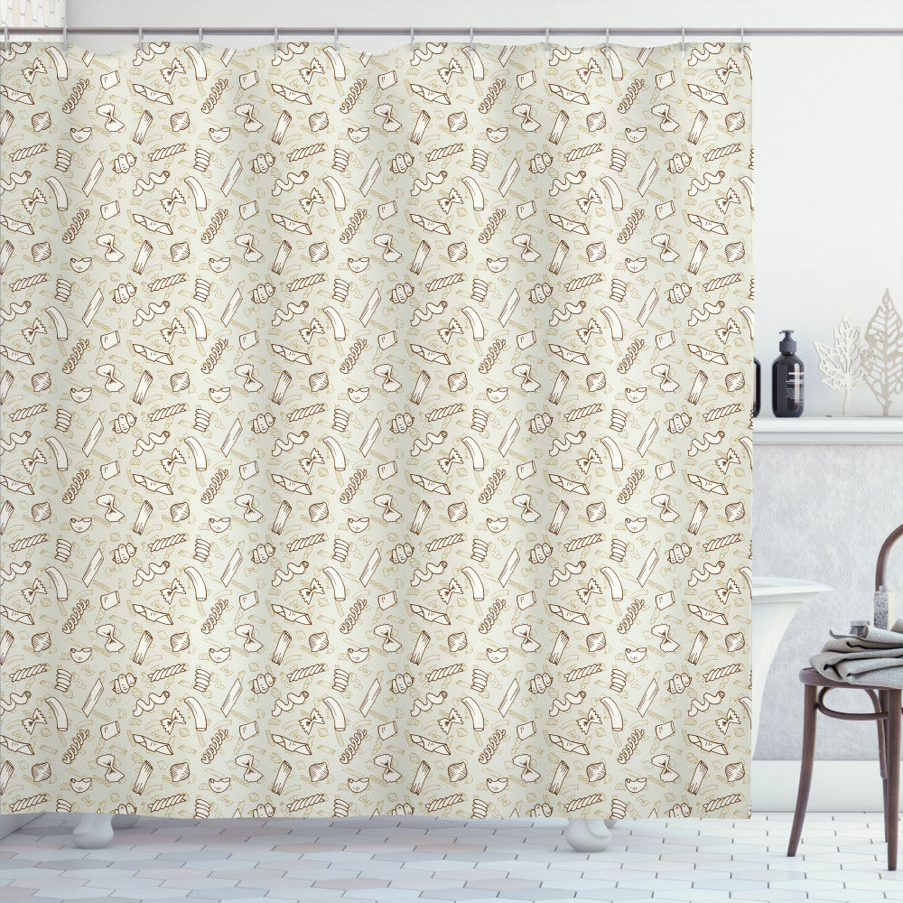 Authentic Italian Culture Inspired Pasta Pattern Shower Curtain in Food, Eggshell, Ivory, Brown, and Khaki Tones