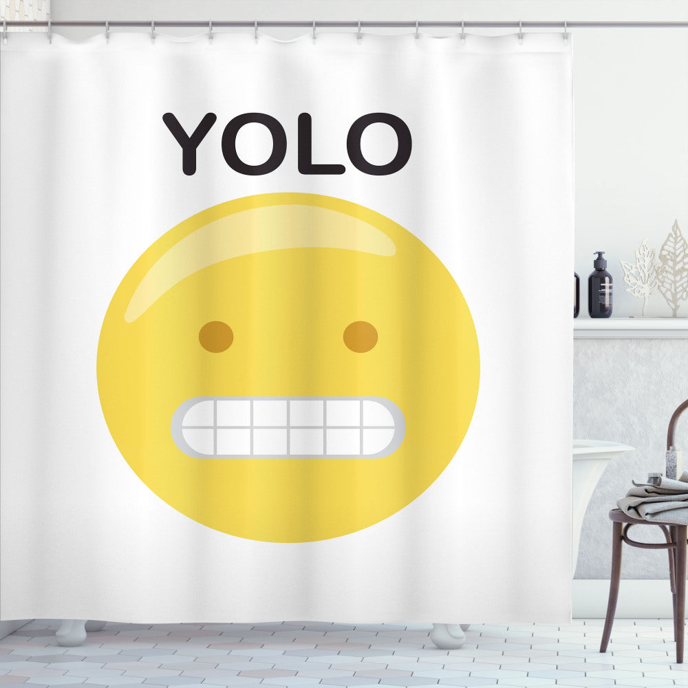 YOLO with Funny Emoji Faces: Yellow, White, and Black Shower Curtain Slogans