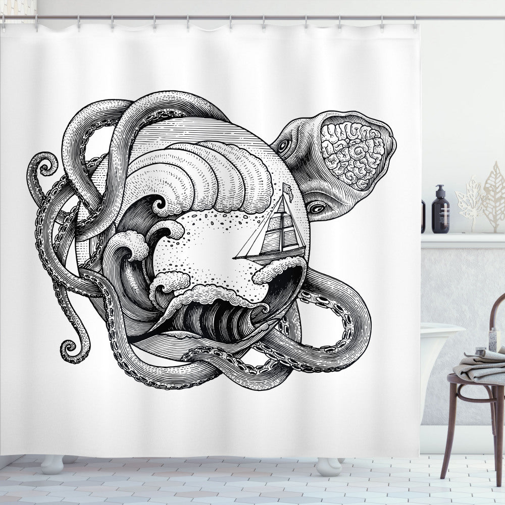 Vintage Nautical Tattoo Shower Curtain in Abstract Octopus Design - Charcoal Grey and White