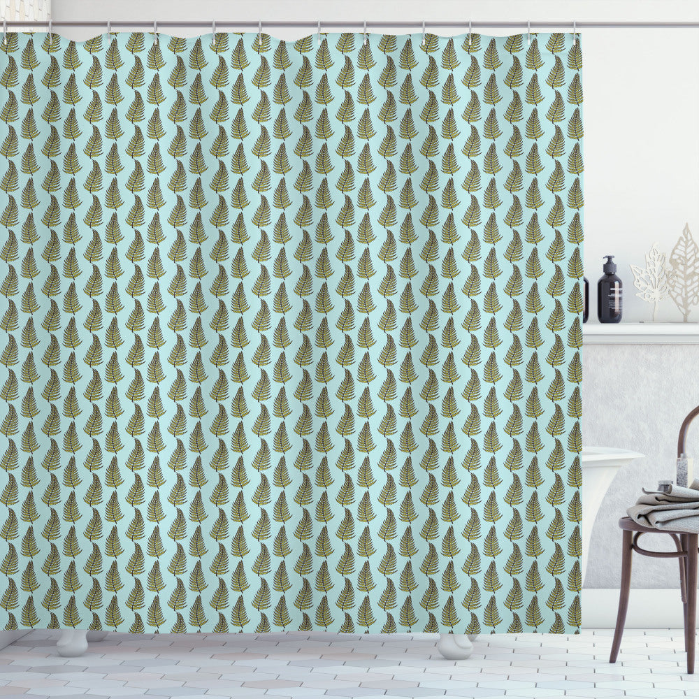 Abstract Curved Fern Foliage Shower Curtain in Pale Blue, Yellow, and Green Palette.