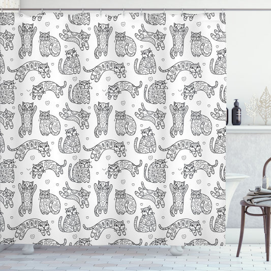 Chic Shower Curtain Featuring Ornamental Cats Art in White and Black