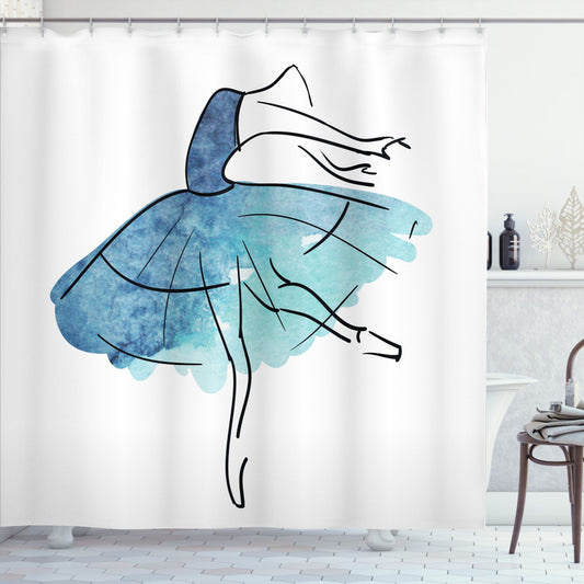 Ballet-Inspired Watercolor Shower Curtain in Dark Blue, Seafoam, and Black Tones