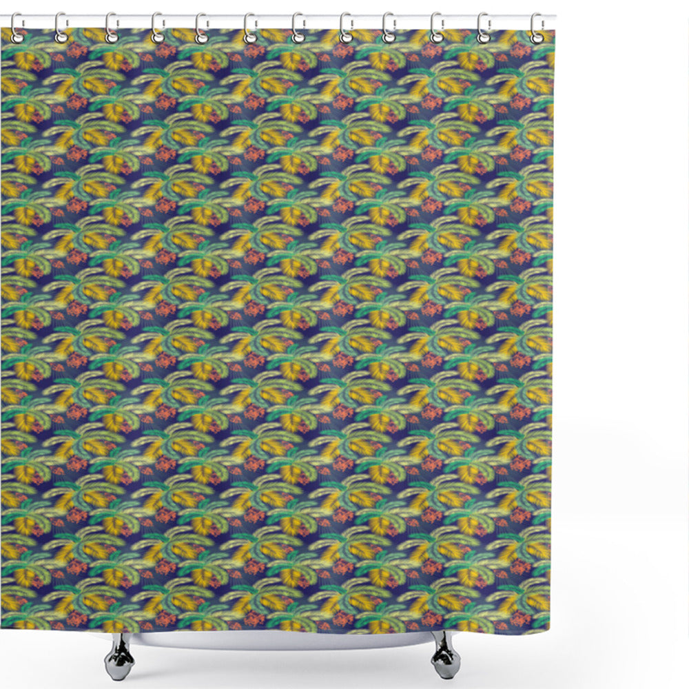 Tropical Indigo Multicolor Thin Line Summer Palms Shower Curtain