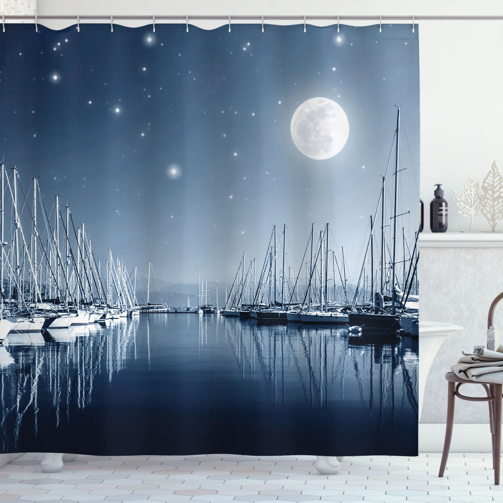 Tranquil Moonlit Marina: Boats Drifting in Dark Slate Blue, Pale Slate Blue, and White - Shower Curtain.