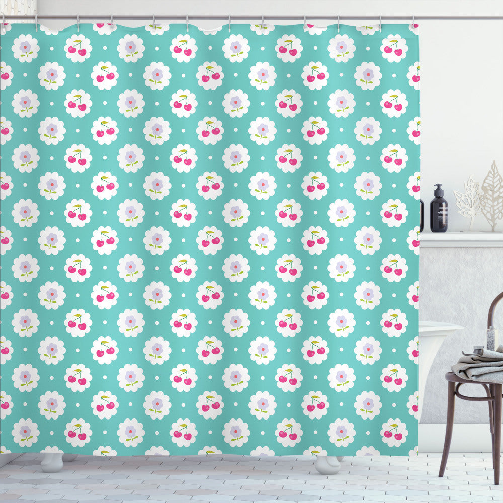 Cherry Blossoms and Florals in Seafoam, Pale Sea Green, Dark Coral, and Lilac Shower Curtain