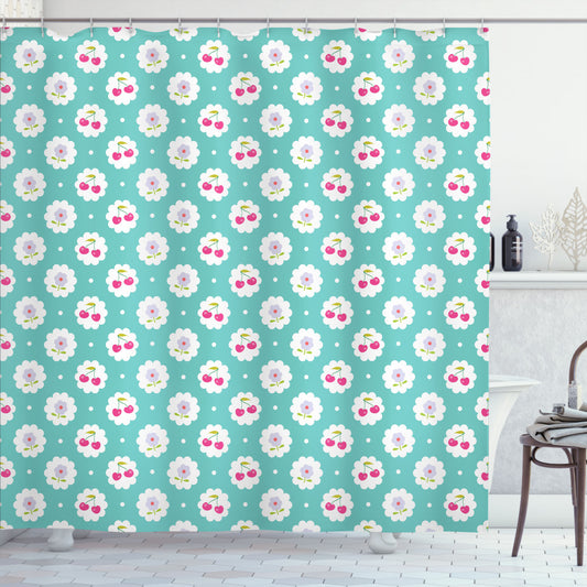 Cherry Blossoms and Florals in Seafoam, Pale Sea Green, Dark Coral, and Lilac Shower Curtain