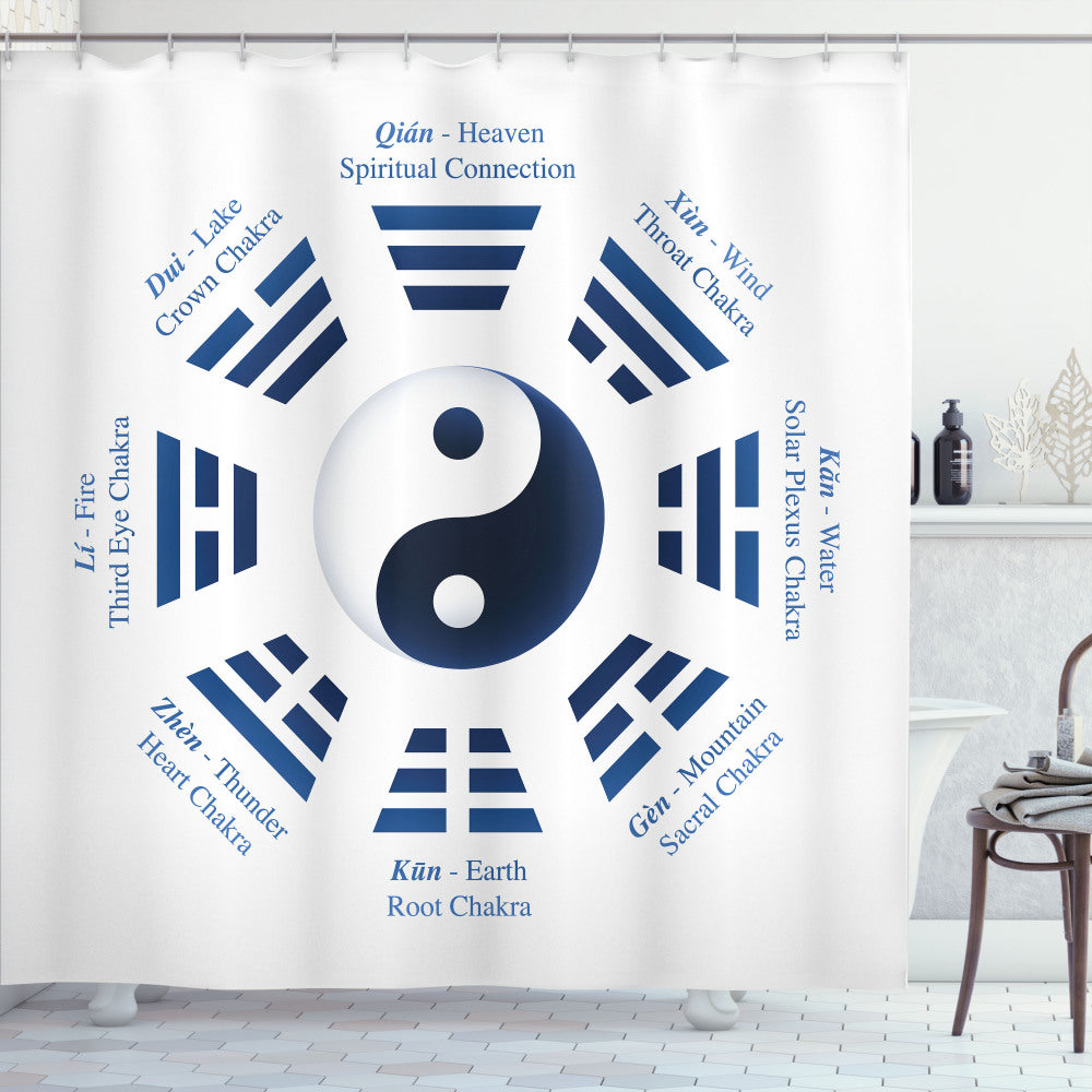 Trigrams I-Ching Names: Yin Yang Fusion in Navy Blue and White Shower Curtain