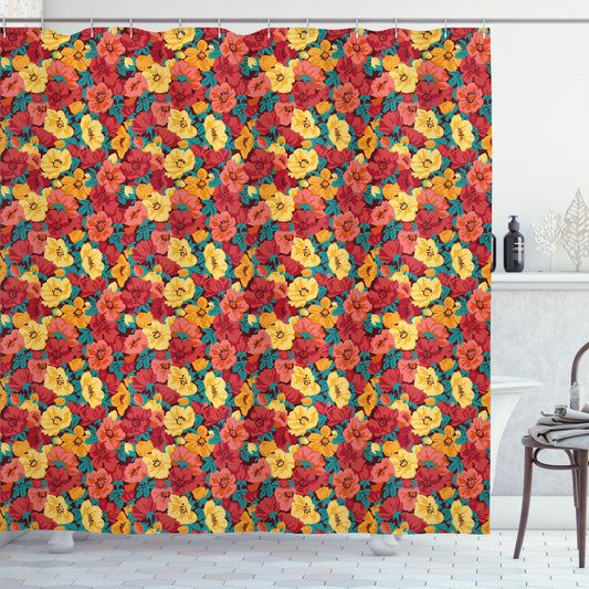 Vintage Romance: Anemone Flower and Dark Coral Shower Curtain in Yellow and Teal