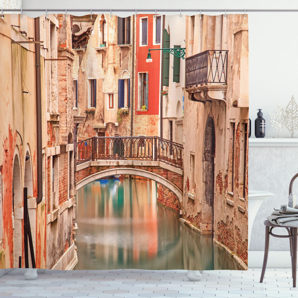 Venice Inspired Old Town Stone Bridge Bath Curtain in Sand Brown, Brown, and Red