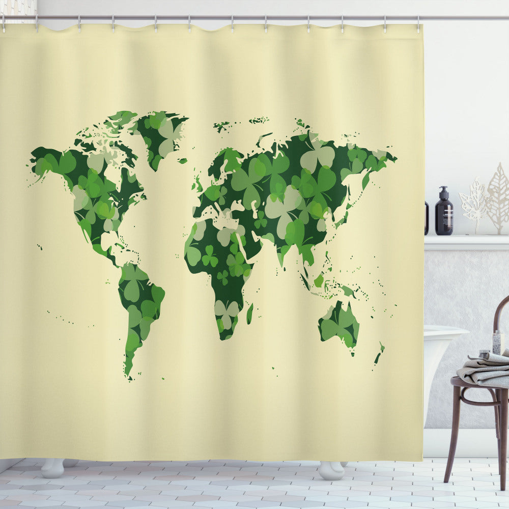 Celebrate Saint Patrick's Day with a Floral World Map Shower Curtain in Fern Green and Cream