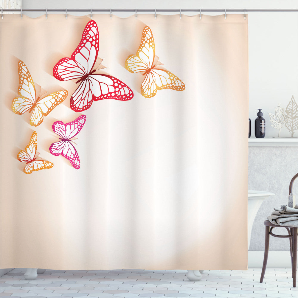 Butterfly-themed Paper Cut Image Shower Curtain in Yellow, Beige, and Red