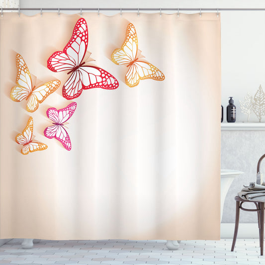 Butterfly-themed Paper Cut Image Shower Curtain in Yellow, Beige, and Red