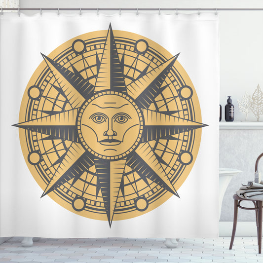 Vintage Nautical Tattoo Sun Compass Shower Curtain in Purpleblue and Pastel Brown Color Palette