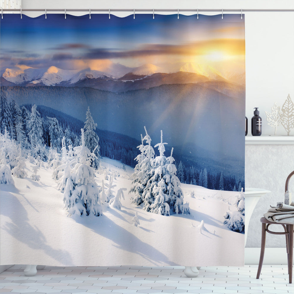 Alpine Winter Scenery Tops with Dramatic Apricot, White, and Blue Sky Bath Curtain