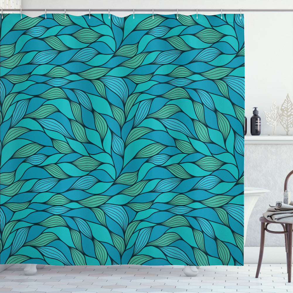 Teal, Mint Green, and Blue Abstract Wave Ocean Motif Shower Curtain