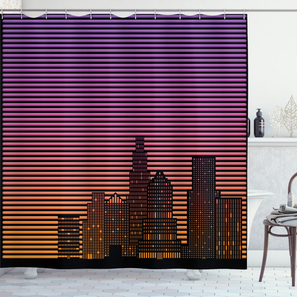 80's Skyline Color Palette Shower Curtain in Orange and Black, Pale Fuchsia, Blue Violet, Marigold, and Charcoal Grey