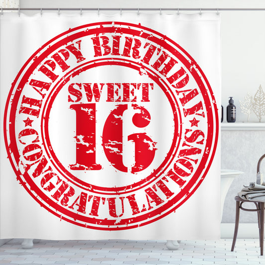 16th Birthday Rubber Stamp Greeting on Vermilion and White Shower Curtain