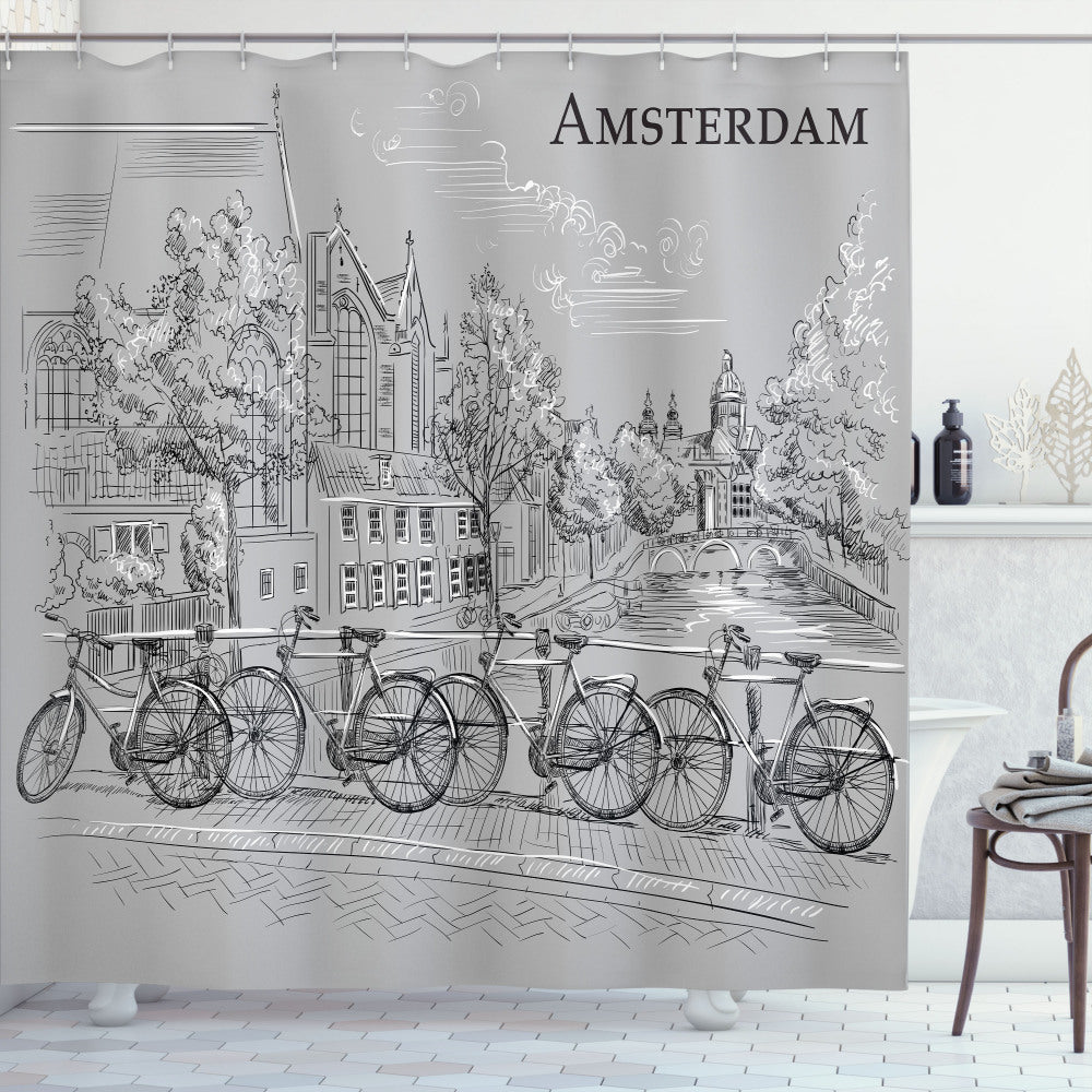 Bicycles by the Canal: Amsterdam Inspired Shower Curtain in Pale Taupe, Dark Grey, and White