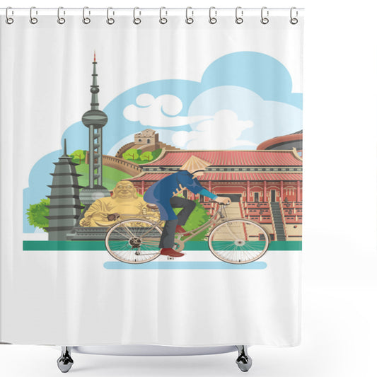 Vintage China Multicolor Cycling Man Culture Shower Curtain