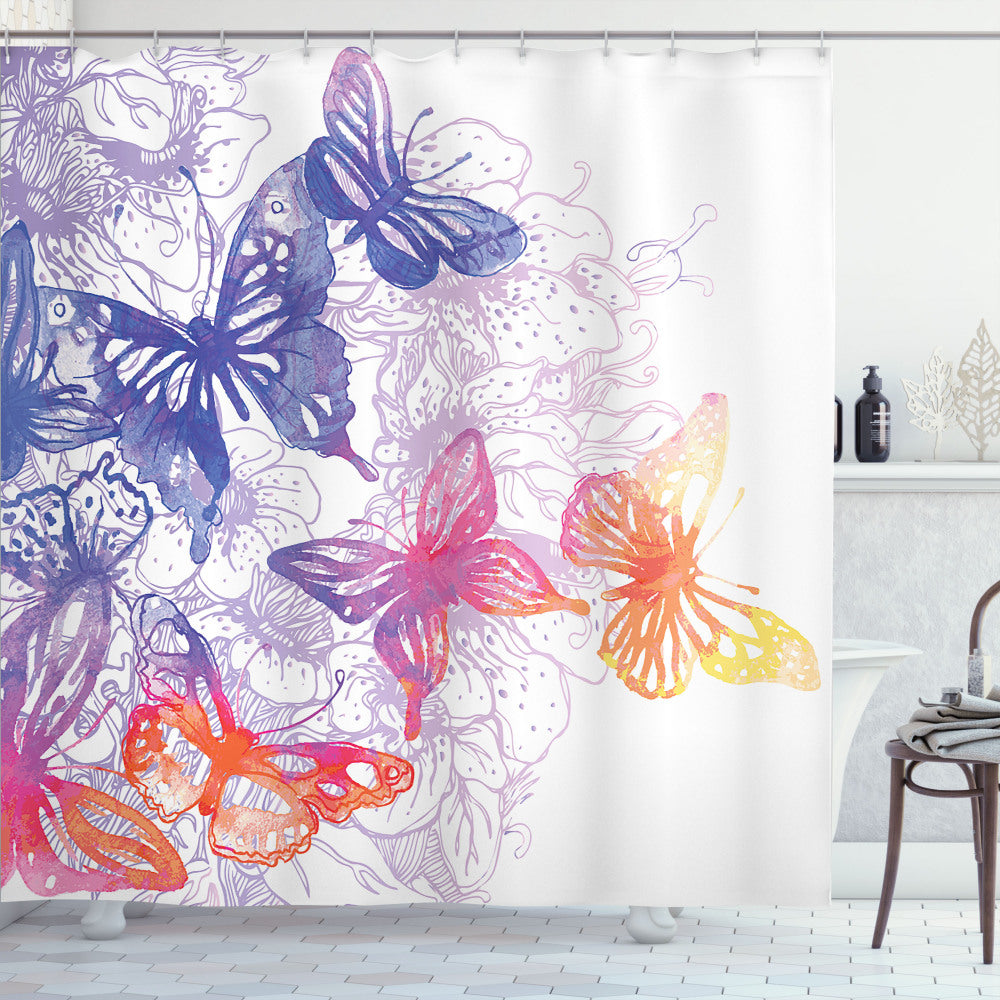 Watercolor Fantasy Butterflies Shower Curtain in Violet Blue, Orange, and Pink