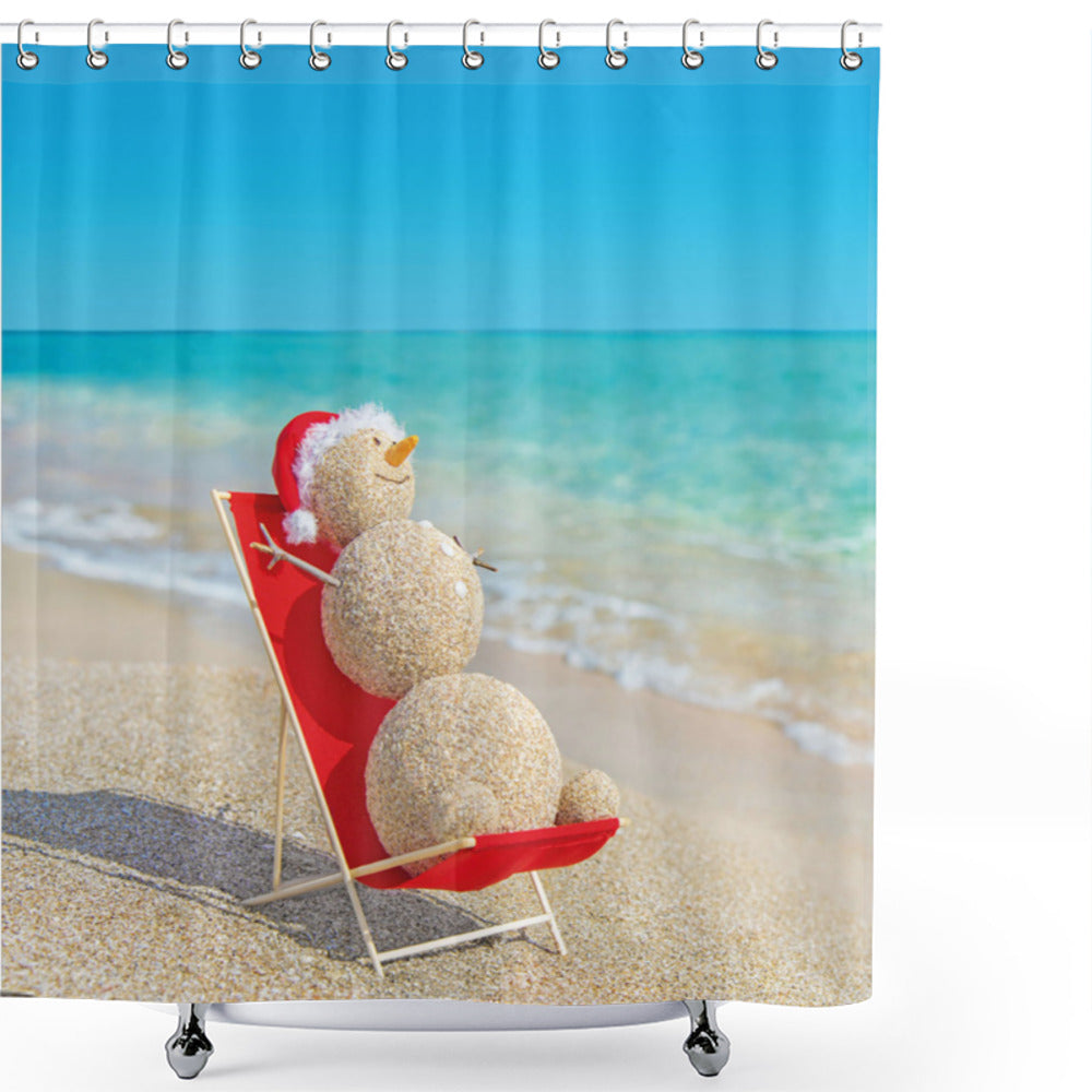 Christmas-Themed Sand Snowman Beach Bath Curtain in Cream and Blue