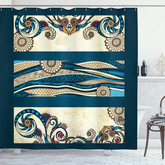 Vintage Batik Floral Design in Dark Petrol Blue and Pale Yellow - Shower Curtain