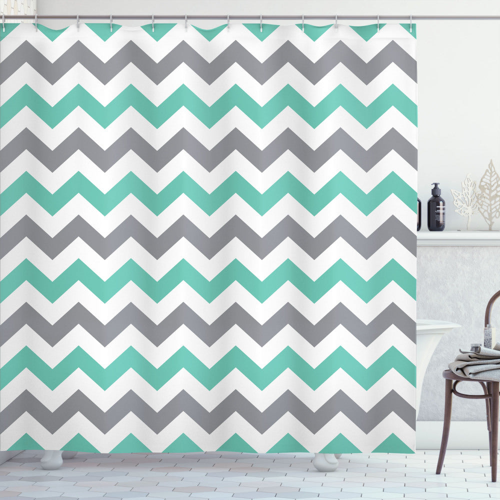 Chevron Wave: Seafoam, White, and Grey Geometric Zigzag Design Shower Curtain