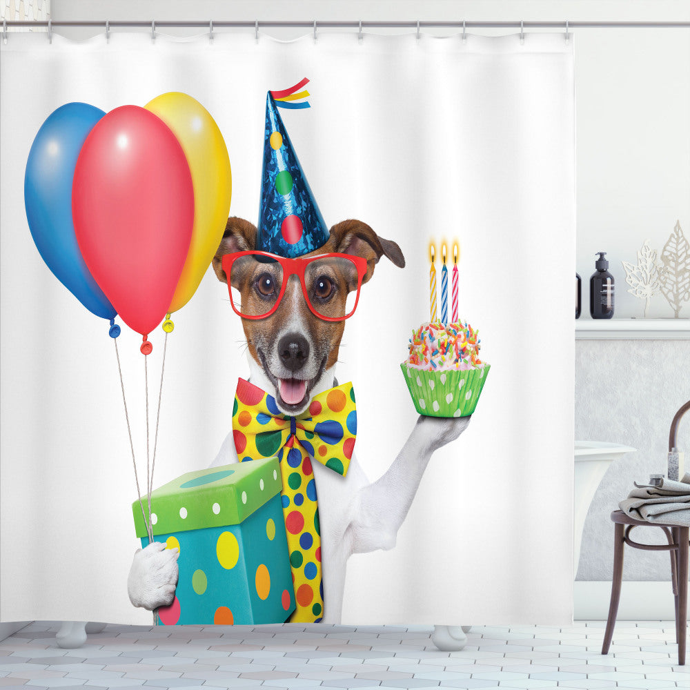 Birthday Party Dog and Balloons Multi-Color Shower Curtain