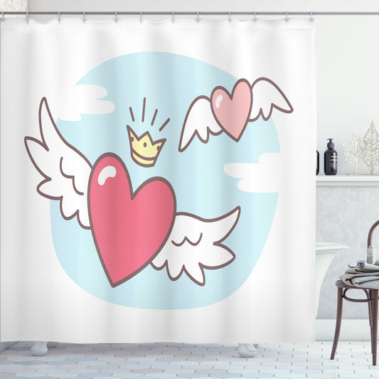 A heavenly combination: Flying Hearts, Angel Wings, and Crown in Baby Blue, White, and Pink - The ultimate shower curtain!