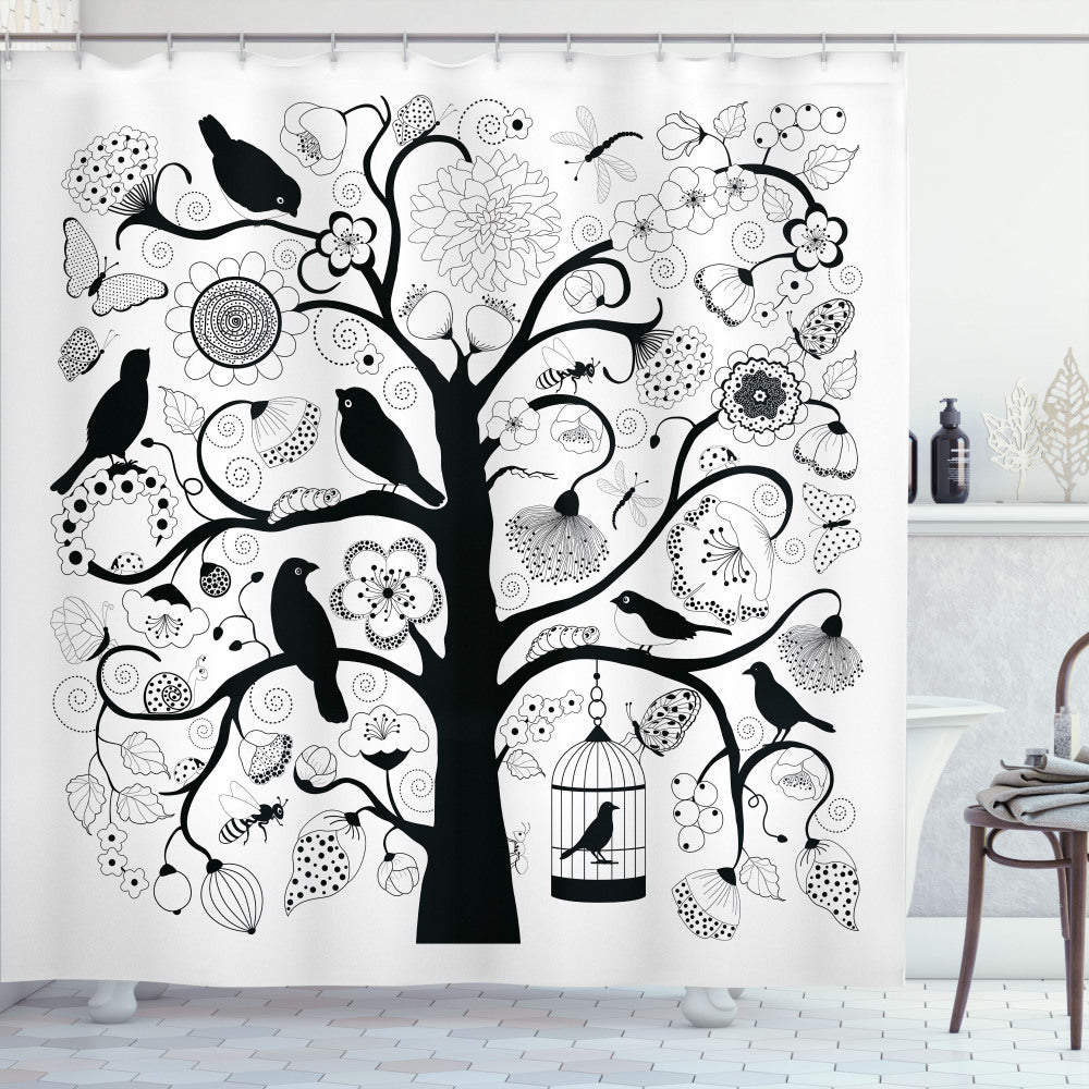 Black and White Tree, Flower, and Bird Shower Curtain