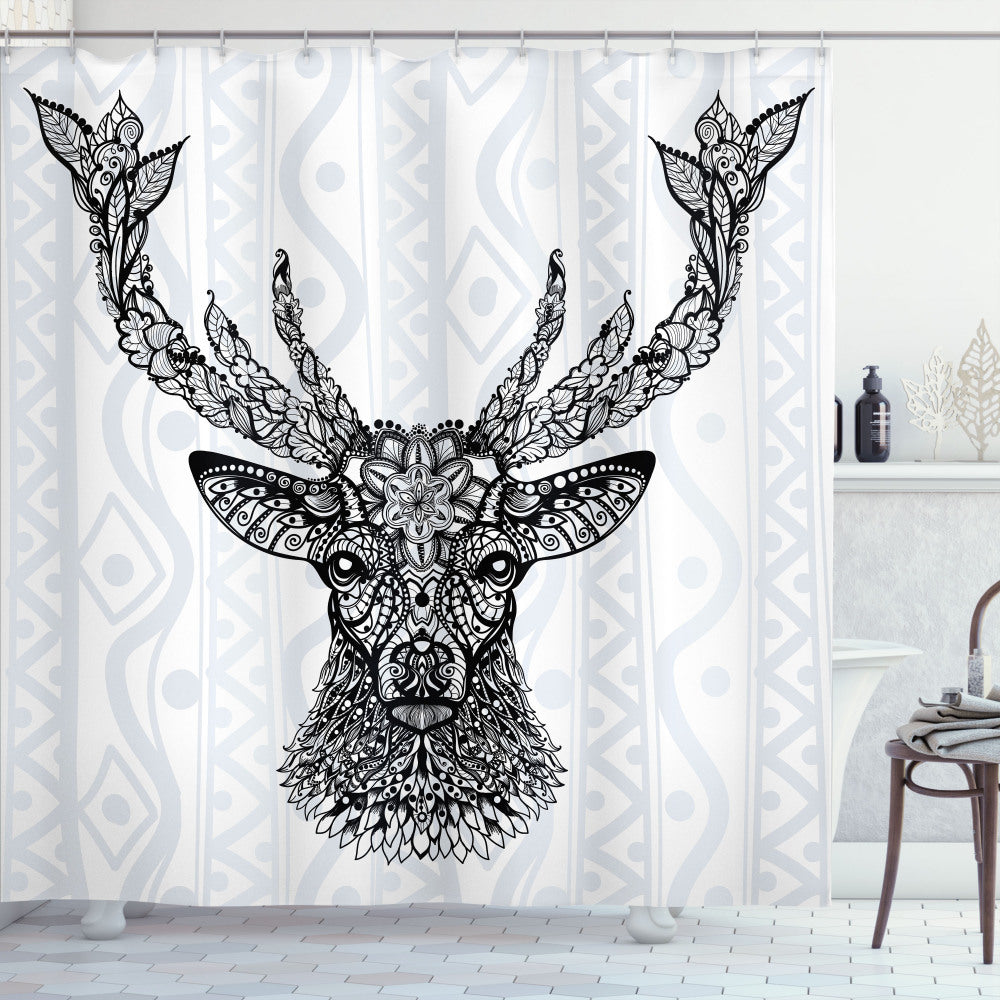 Bohem Deer White and Black Deer-themed Shower Curtain