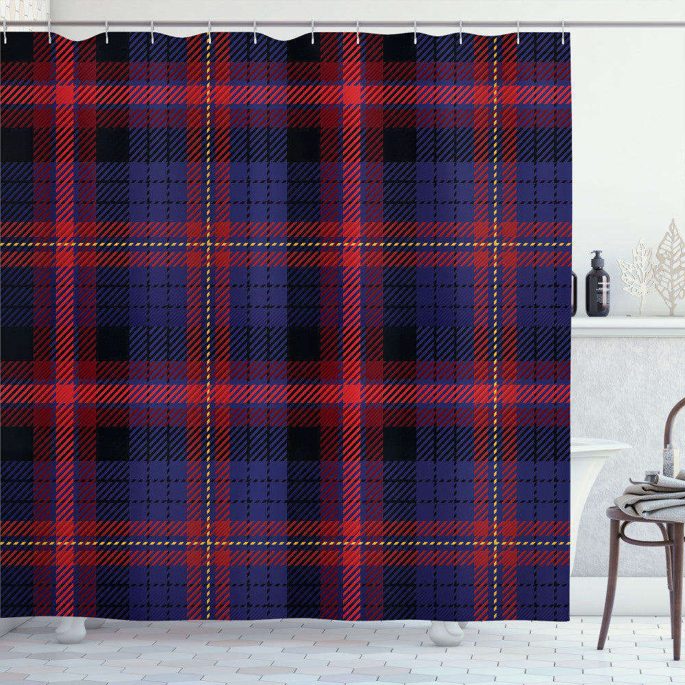 Vibrant Folkloric Bath Curtain in Checkered Royal Blue, Black, and Red