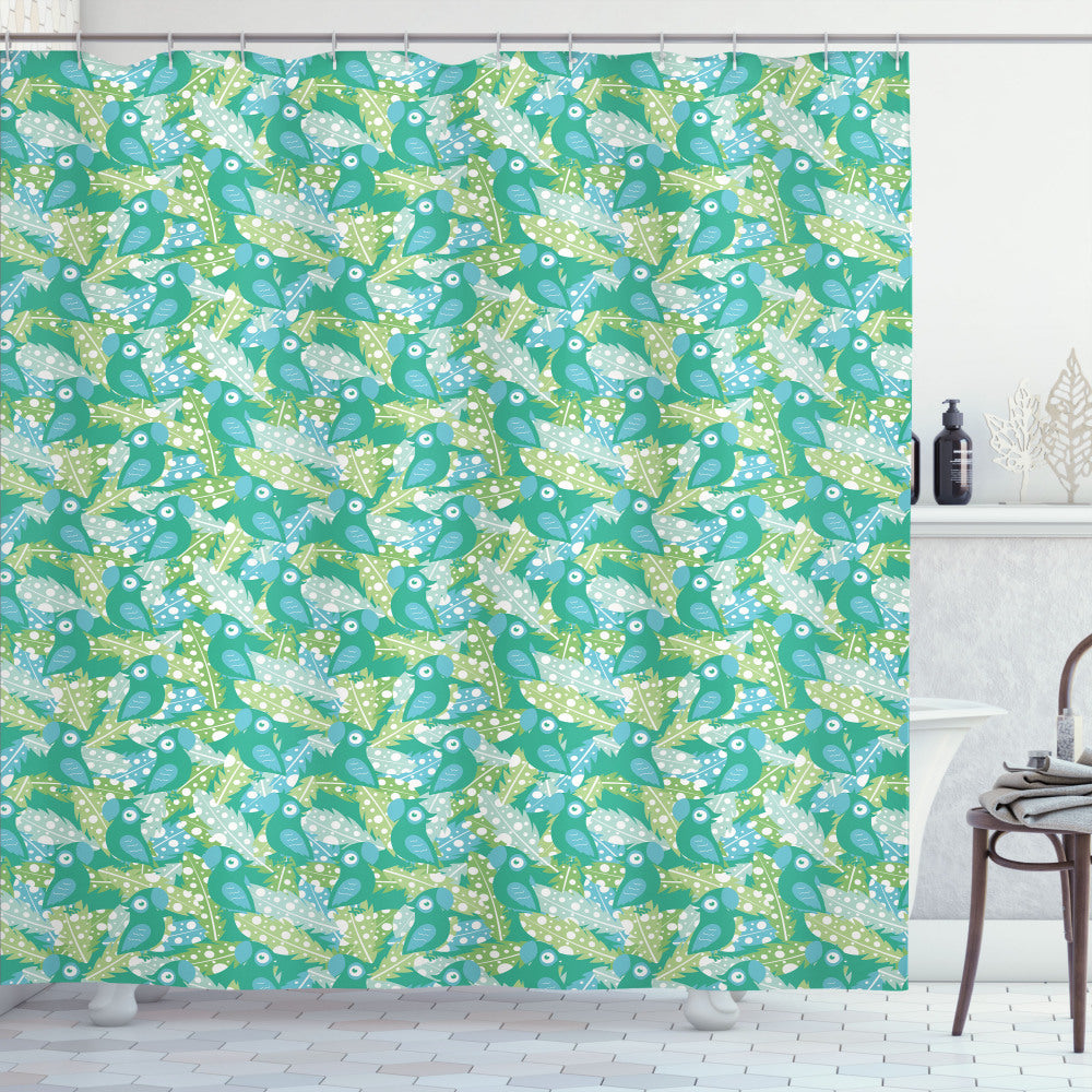 Tropical Multicolor Parrots and Dotted Feather Shower Curtain