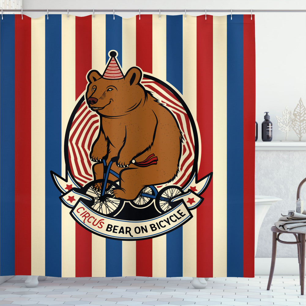 Brown Bear Circus Mascot Riding Bicycle Bath Curtain in Blue and Ruby_COLORS