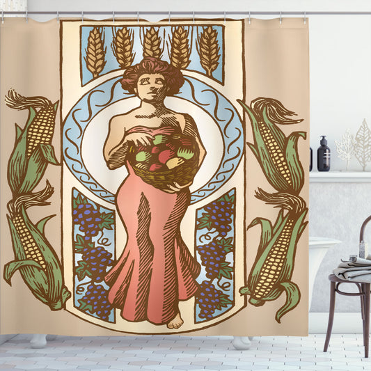 Antique Multicolor Harvest Woman with Corns Design Shower Curtain